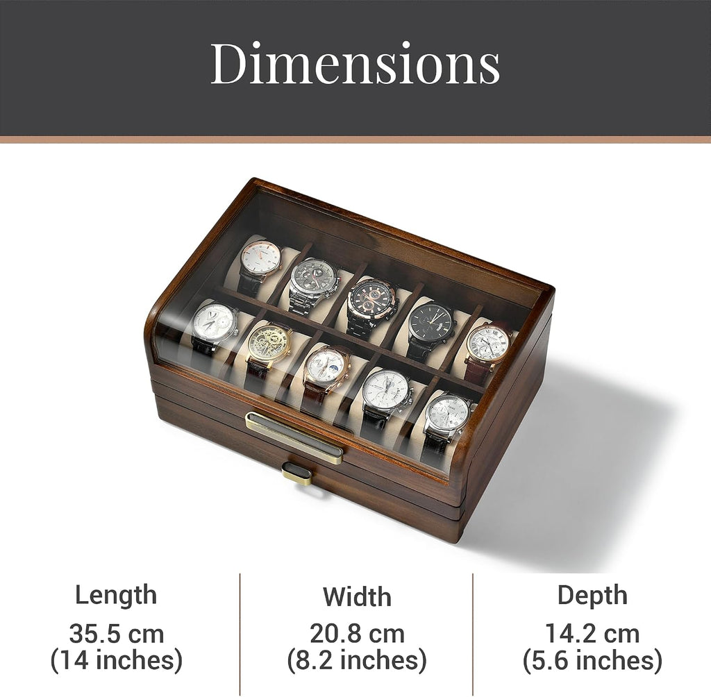 Shanik Wooden Watch Box with Drawer & Glass Lid – Acacia Wood Valet Tray Organizer for Men, Minimalist Nightstand Storage, Engraved Daily Watch Display Case, Personalized Gift for Him, Father's Day