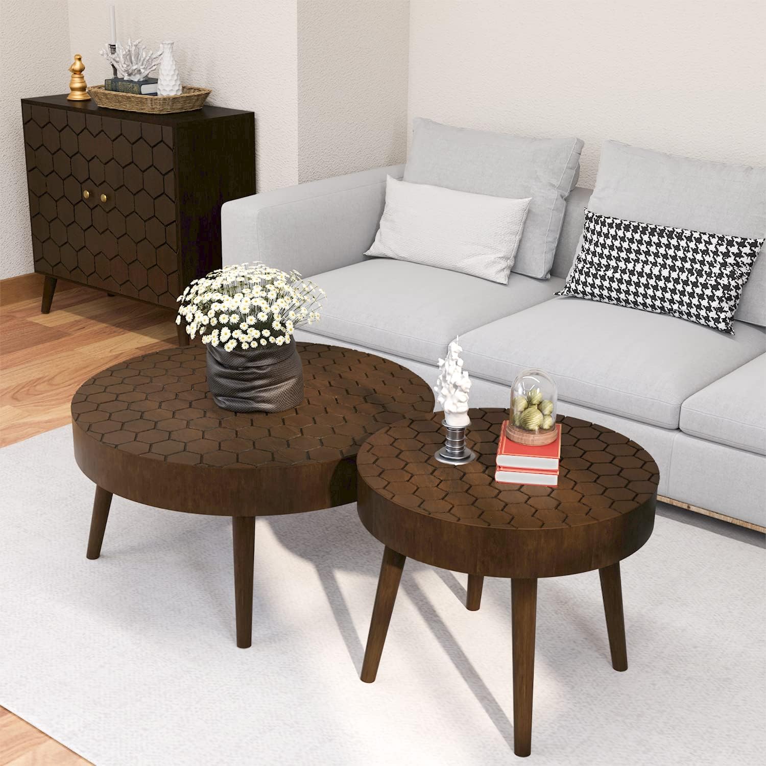 SUNBURY Coffee Table Set, Morden Round Coffee Table Set of 2, 18' Farmhouse Living Room Nesting Tables, Livingroom Table Set