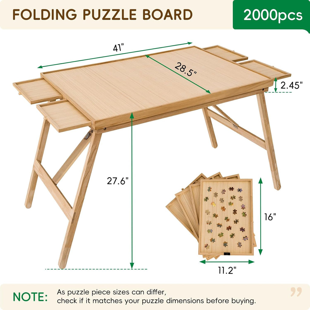 TEAKMAMA 27.6' H Tall 2000 Piece Puzzle Table with Legs, 41' W x 28.5' D Large Wood Folding Jigsaw Puzzle Board with Cover for Adults, 4 Drawers, Nature