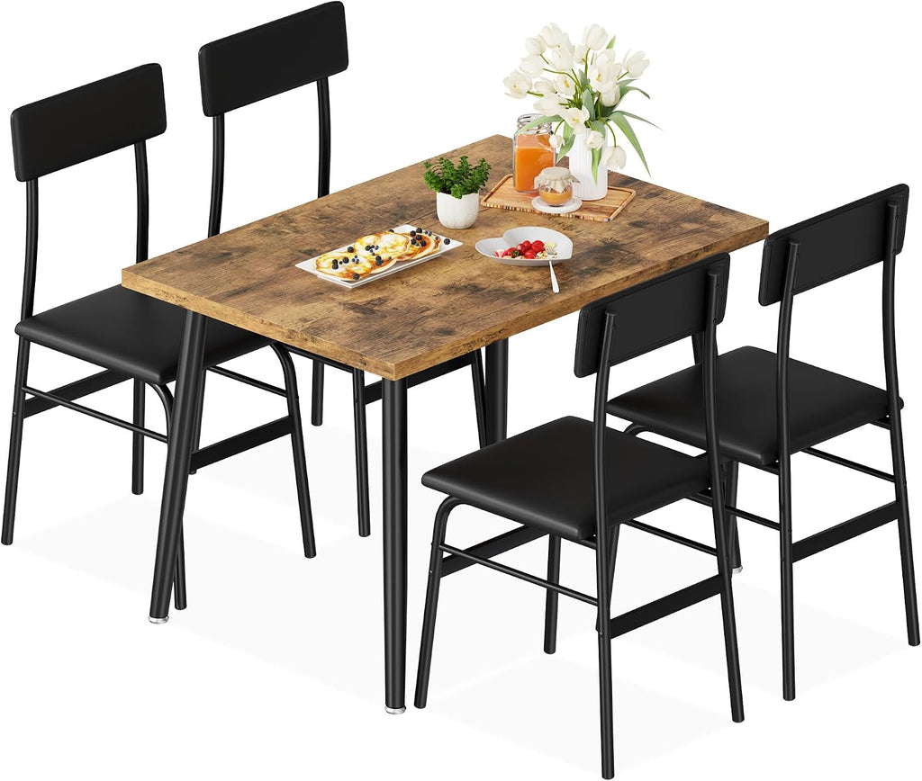 IDEALHOSUE Dining Table Set for 4, 5 Piece Kitchen Table Set with 4 Upholstered Chairs, Breakfast Table for Samll Space, Dining Room, Apartment, Restaurant, Rustic Brown