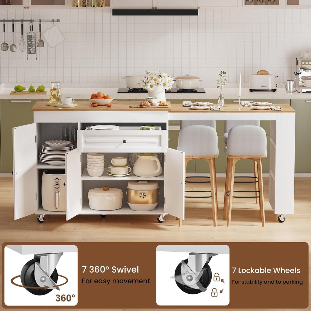 83' Expandable Kitchen Island on Wheels with Storage & Dining Table, Mobile Kitchen Cart with Cabinet, 3 Shelves & Drawers, Black (Extends from 48.4' to 82.6') (White)
