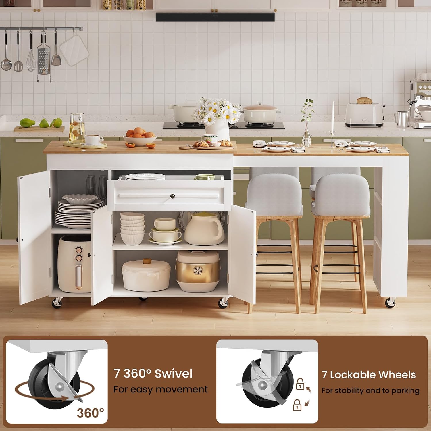 83' Expandable Kitchen Island on Wheels with Storage & Dining Table, Mobile Kitchen Cart with Cabinet, 3 Shelves & Drawers, Black (Extends from 48.4' to 82.6') (White)