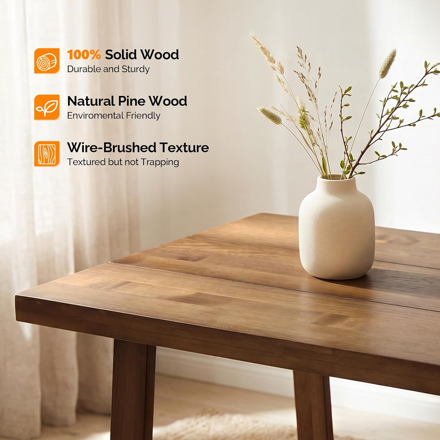 VINGLI 48 Inch Farmhouse Dining Table for 4-6, Solid Pine Wood Table with 4 Corner Protectors, Rectangular Dining Table for Kitchen, Dining Room, Small Apartment, Studio, Family Dinner, Walnut