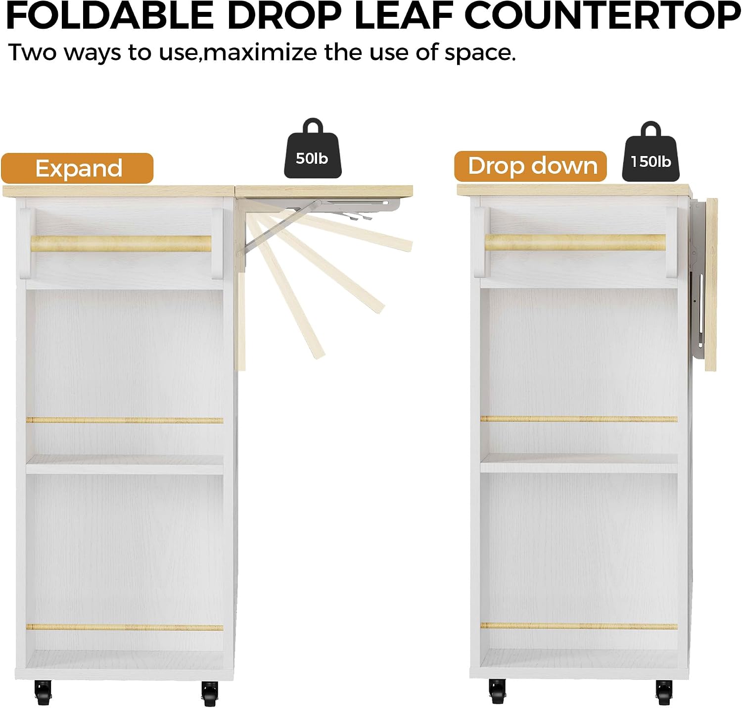 IRONCK Kitchen Island with Storage, 47.2in Rolling Island on Wheels, Kitchen Cart with Drop Leaf, Drawer and Towel Rack for Home, Dining Room
