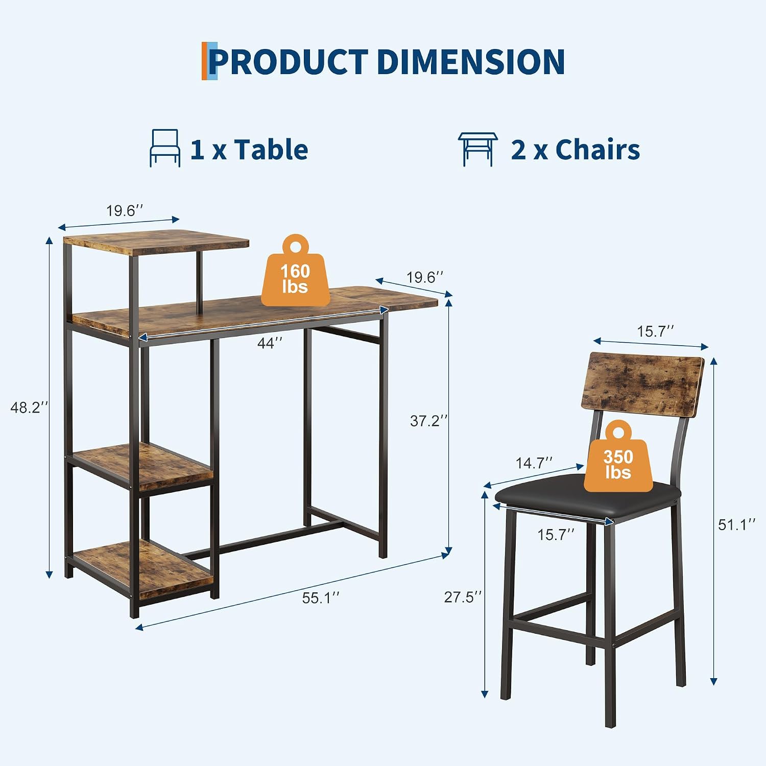 Garvee Dining Table Set for 2, 3-Piece Expandable Bar Table and Chairs Set, with Storage Shelves and Wine Rack, Small Kitchen Dining Set for Living Room, Apartment
