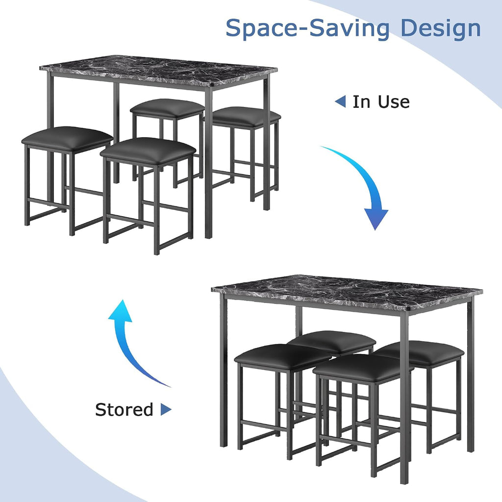 VECELO Kitchen Table and Chairs for 4, Dining Room Set with PU Chairs/Stools, Heavy-Duty Metal Frame, Faux Marble Tabletop, Space-Saving Design for Small Spaces, Easy Assembly, Veined Black