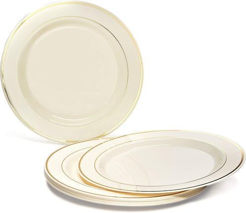 ' OCCASIONS ' 840pcs set (120 Guests)-Heavyweight Wedding Party Disposable Plastic Plate Set-120 x 10.5'' + 120 x 6.25'' + Gold Silverware + Cups + Napkins (Ivory & Gold Rim)