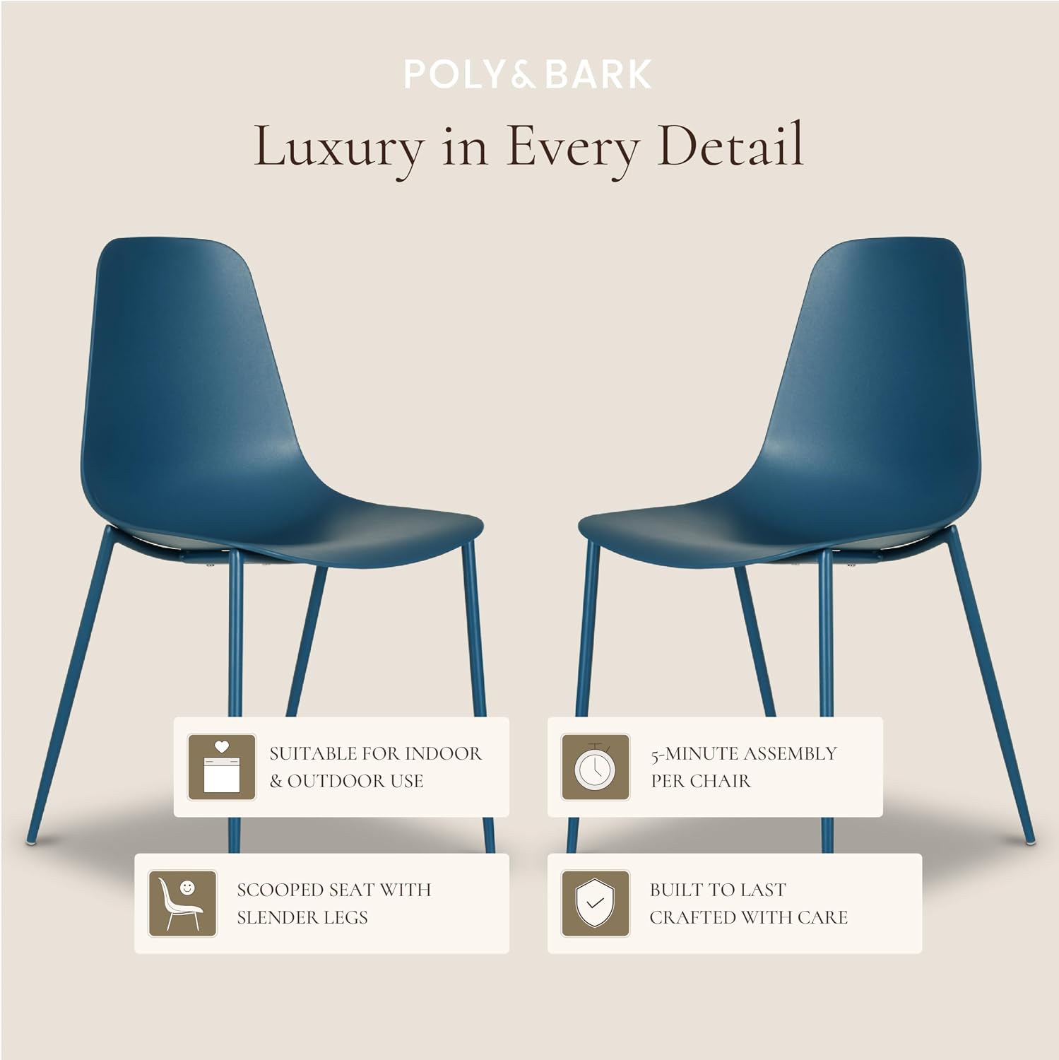 Poly & BARK Isla Modern Kitchen Chairs Set of 4 - Plastic Dining Chair with Metal Legs - Quick Assembly Simple Cafe Chairs Plastic for Indoor or Outdoor - Lago Blue