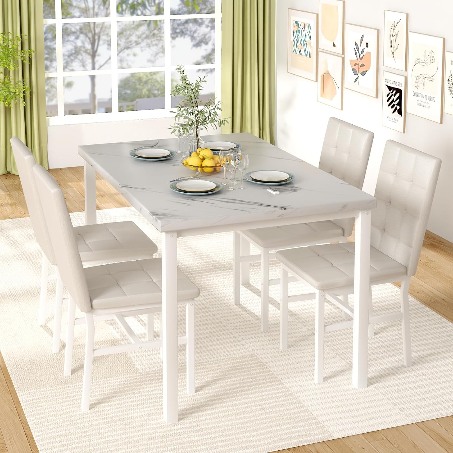 Hooseng Dining Room Table Set 5 Piece Dining Table Set Marble Dining Table 4 Chair Dining Table Set for Kitchen Living Room Breakfast Small Spaces (White)