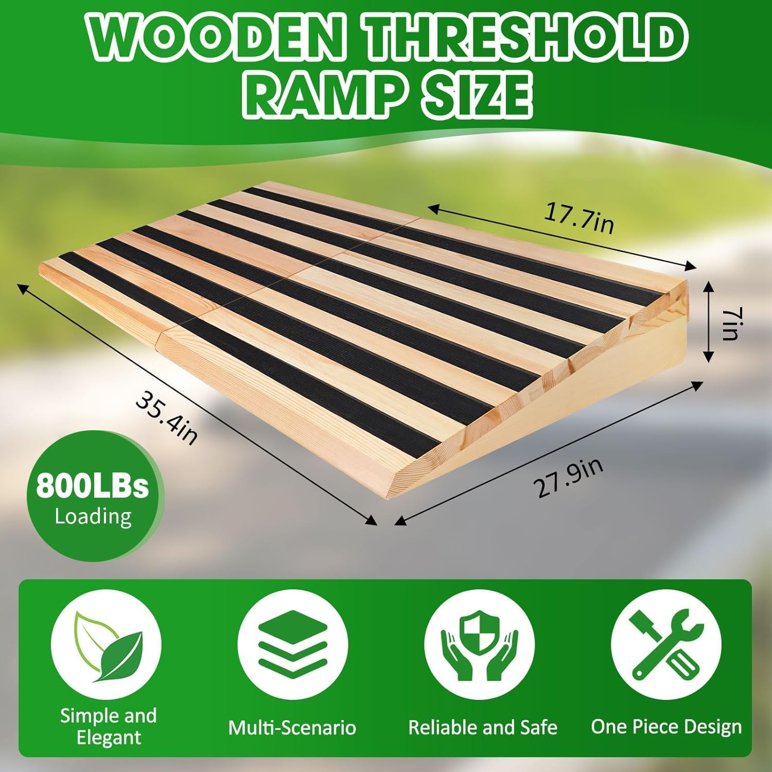7' Rise Wooden Threshold Ramp for Home Steps, Door Ramp for Wheelchair/Walker/Cart/Scooter, Multipurpose Door Ramp with Non-Slip Stripes(35.4' W*7.0' H, Solid Wood, 800LBs Capacity)