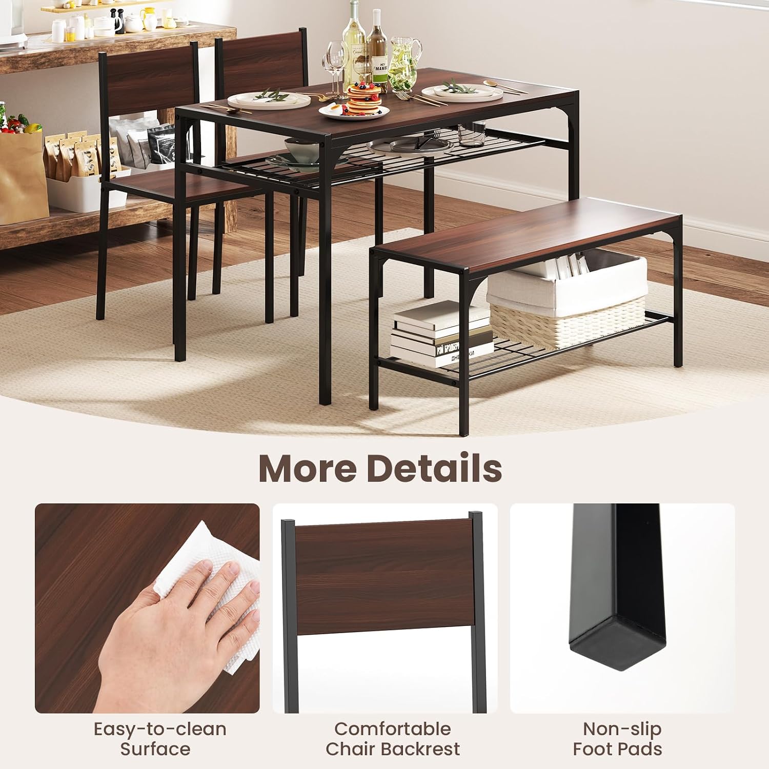 Giantex Dining Table Set for 4, Kitchen Table with Chairs & Bench, Storage Racks, Metal Frame, 4-Piece Space-Saving Dinette Set for Dining Room, Breakfast Nook, Small Space, Apartment, Walnut