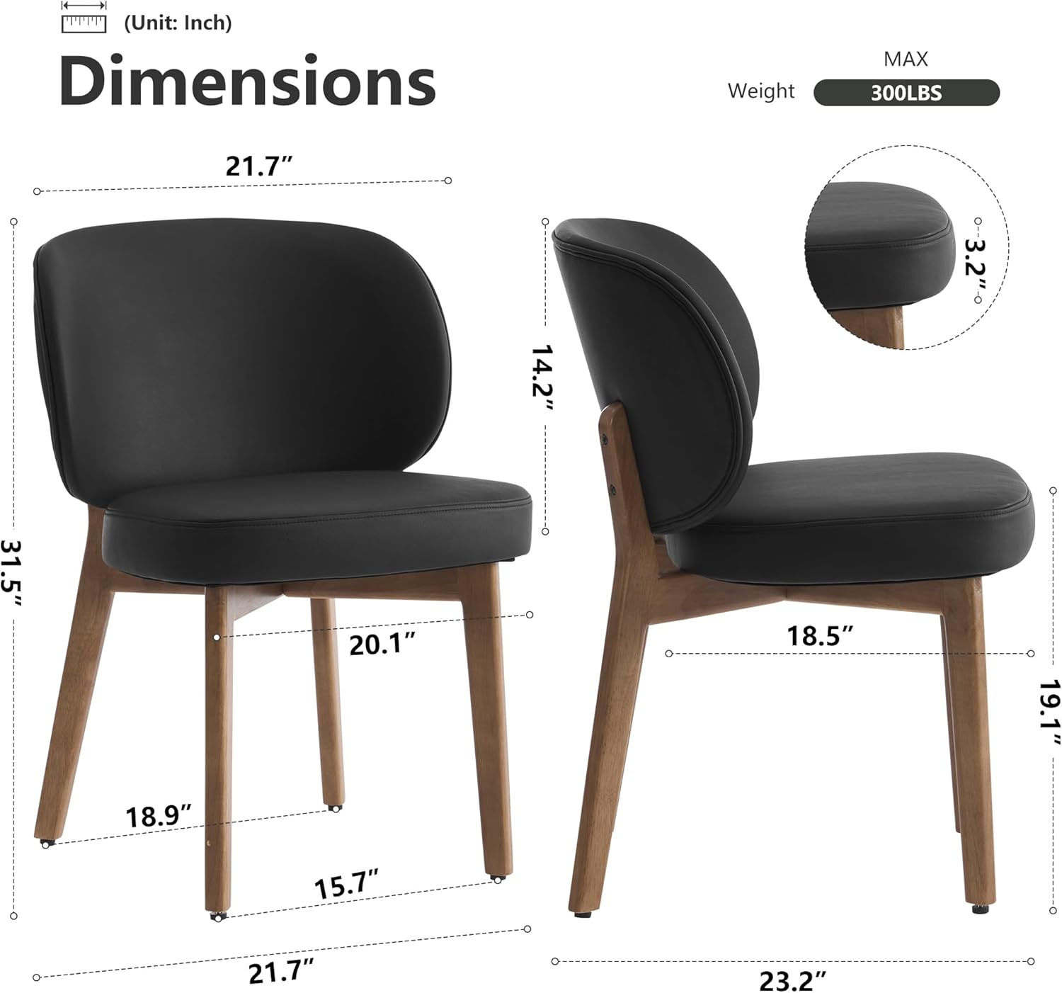 YOUNIKE Black Dining Chair with High Back Single Mid Century Modern Kitchen Chair Faux Leather Upholstered Armless Accent Chair 20' Wide Padded Seat with Soild Wooden Legs for Living Room Bedroom