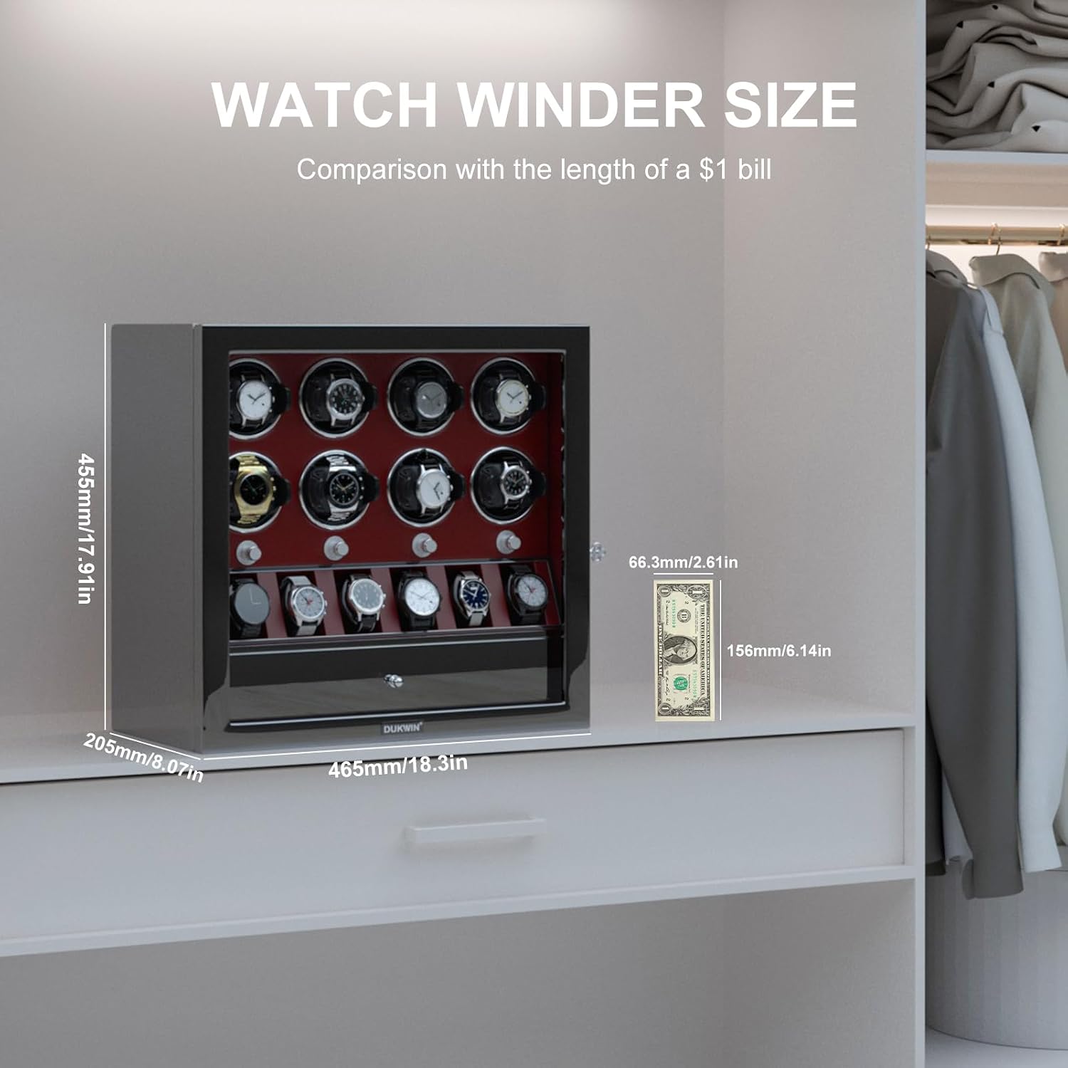 DUKWIN Watch Winder for 4/6/8 Automatic Watches, Lockable Winders with Watch Holders and Jewelry Storage, Super Quiet Motor with High-Gloss Finish, Built-in Illumination