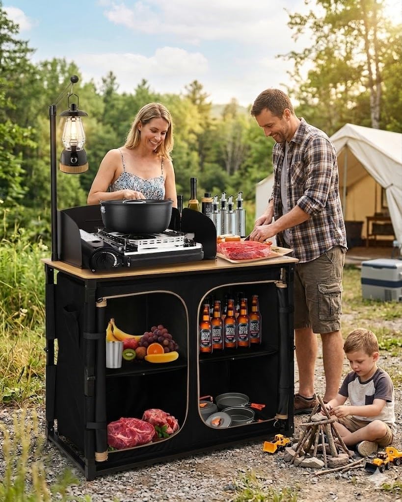 KingCamp Bamboo Camp Kitchen Station, Folding Overland Camping Kitchen Table Hooks Portable Outdoor Cooking with Adjustable Lantern Pole & Windshield Storage Organizer for Tailgating BBQ Picnic RV
