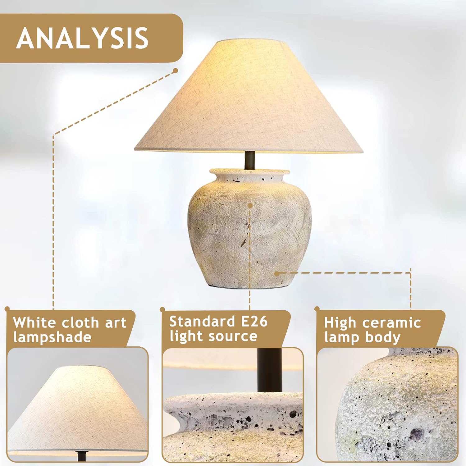 White Rustic Farmhouse Table Lamp - Terracotta Base with White Fabric Shade - 15.6 Inches - Warm White LED - 40W - 5000 Lumens