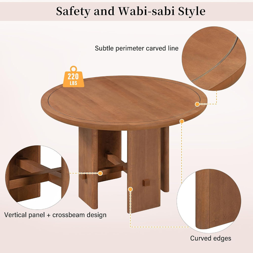 Merax 5-Piece Round Dining Table Set for 4, Minimalist Farmhouse Dining Table with 4 Upholstered Chairs, Kitchen & Dining Room Sets, Beige+Brown