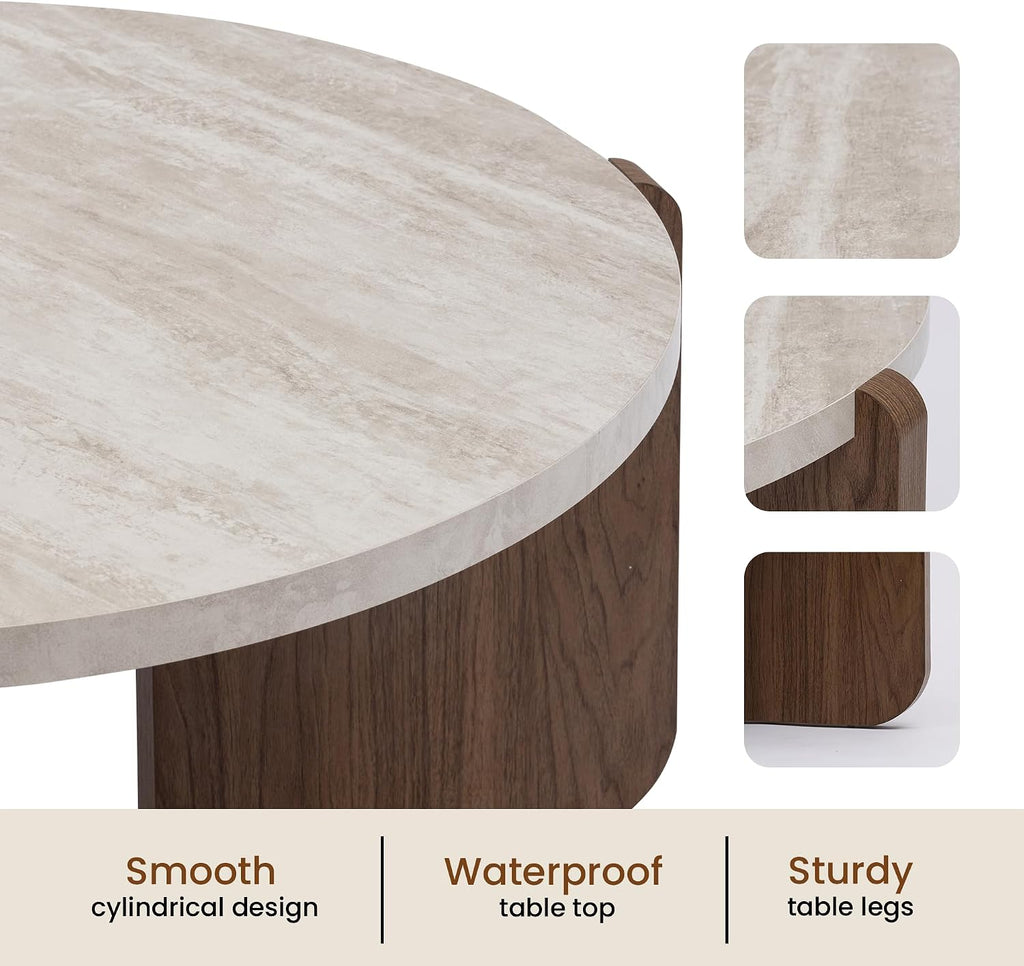 SUNBURY Modern Round Coffee Table with Sturdy Base, Wood Center Tables for Living Room Reception Room, Faux Marble Tabletop, Easy Assemble