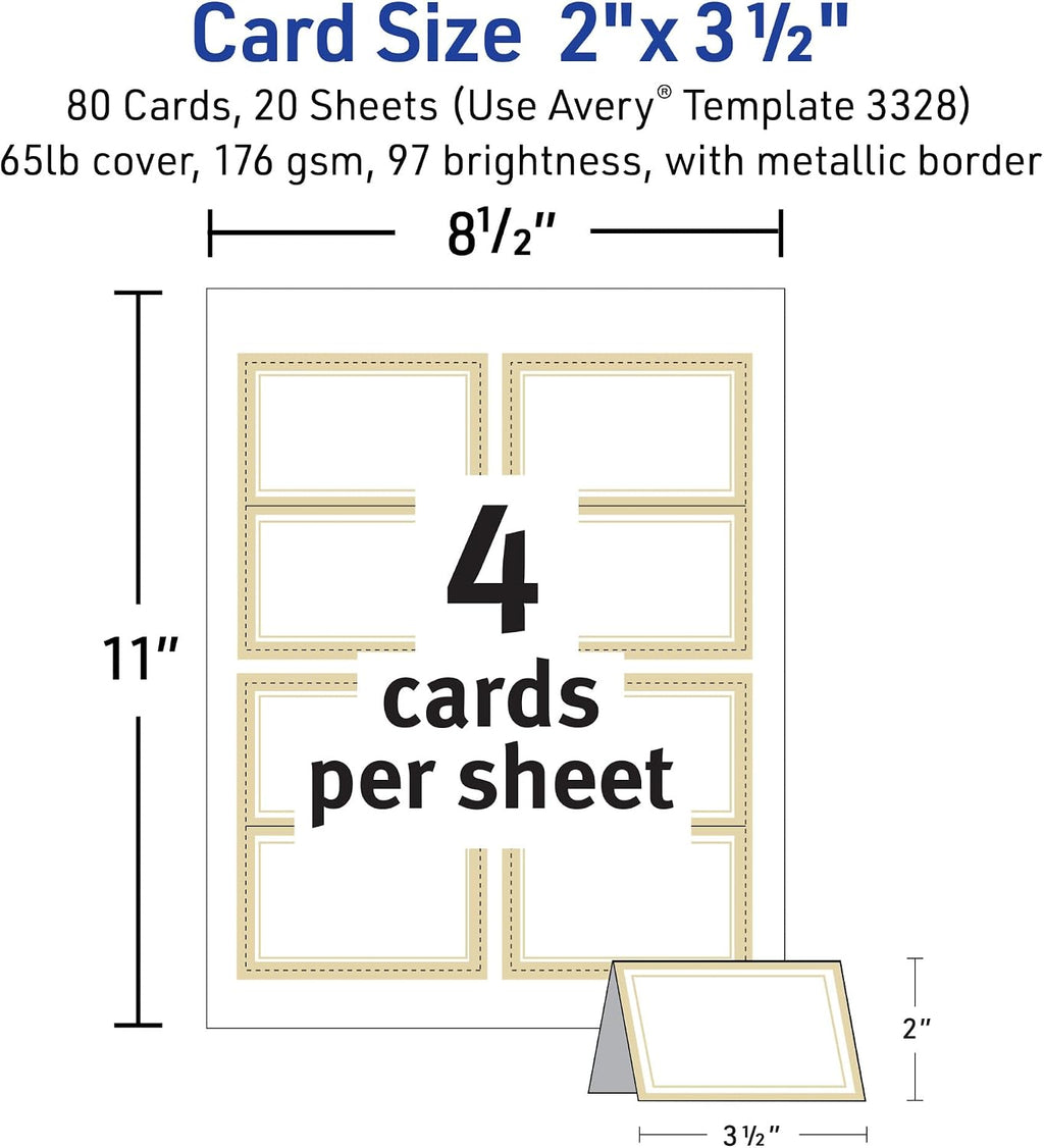 AVERY Tent Cards Metallic Gold Border 2 x 3.5 Inch | White Cardstock | Pre-scored | For Laser & Inkjet Printers | 80 Cards, Pack of 5