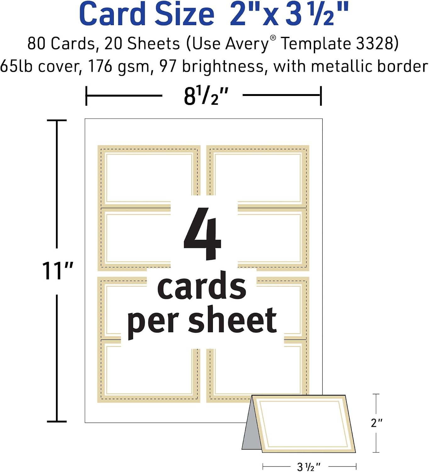 AVERY Tent Cards Metallic Gold Border 2 x 3.5 Inch | White Cardstock | Pre-scored | For Laser & Inkjet Printers | 80 Cards, Pack of 5