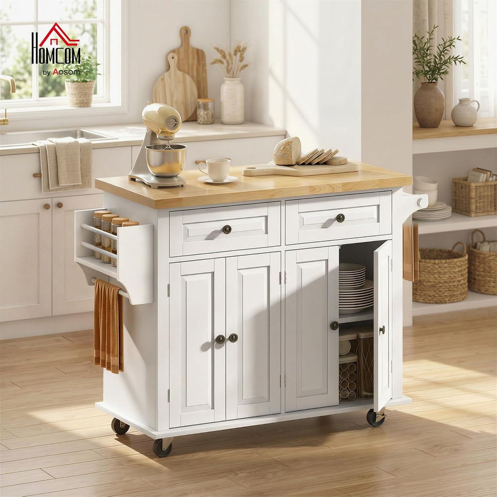 HOMCOM Kitchen Island Cart with Solid Wood Top, 44' Mobile Kitchen Island Table on Wheels with Storage Cabinets, 2 Drawers, Adjustable Shelves, Spice Rack & Towel Bar for Dining Room, White