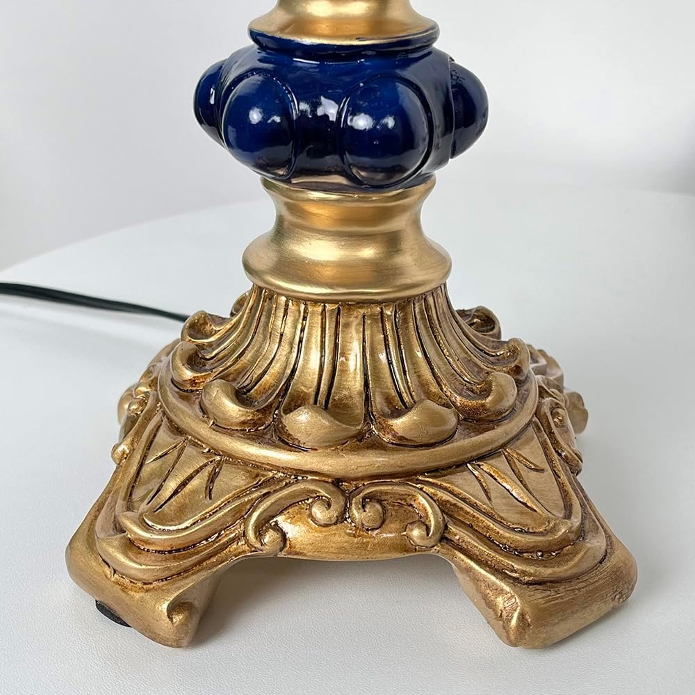 Meefad Victorian Table Lamp, Vintage Bedside Lamp with Beaded Fringe, Handpainted Resin Base, Elegant Night Light Accent Lamp for Bedroom Reading Nightstand (Dark Blue)