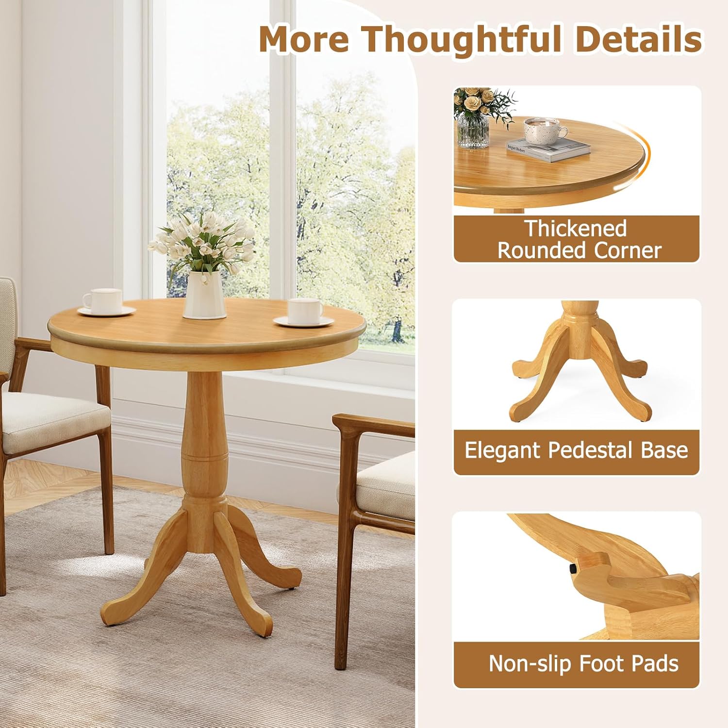 Giantex Round Dining Table for 2-4 People, 32' D X 30' H Wooden Kitchen Table with Spacious Tabletop, Pedestal Base, Leisure End Tables for Bar, Kitchen, Dining Room, Restaurant, Natural
