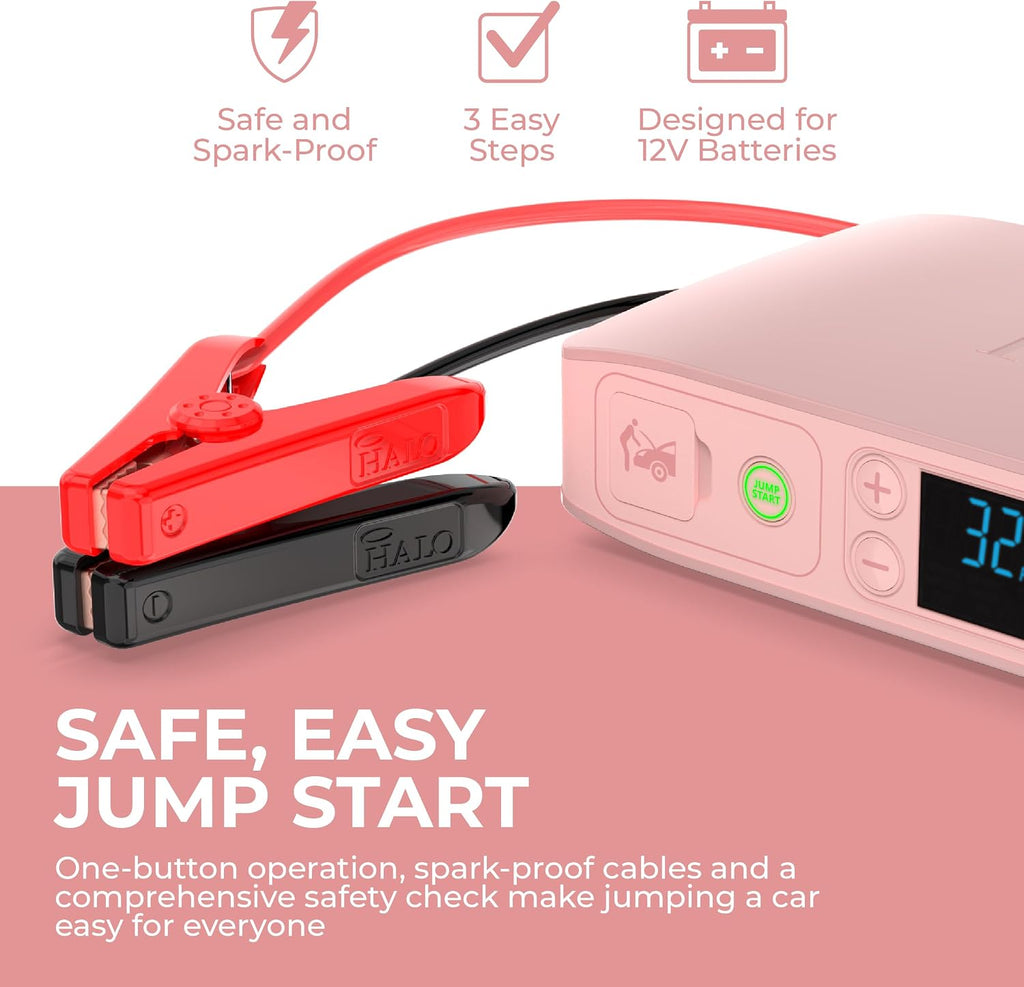 HALO Bolt Air+ 55500 Portable Car Battery Jump Starter | 100 PSI Air Compressor, 55.5Wh USB Power Bank, Emergency Floodlight & Charger, Jumps Cars SUVs & Trucks, Inflates Tires, TSA Approved — Rose