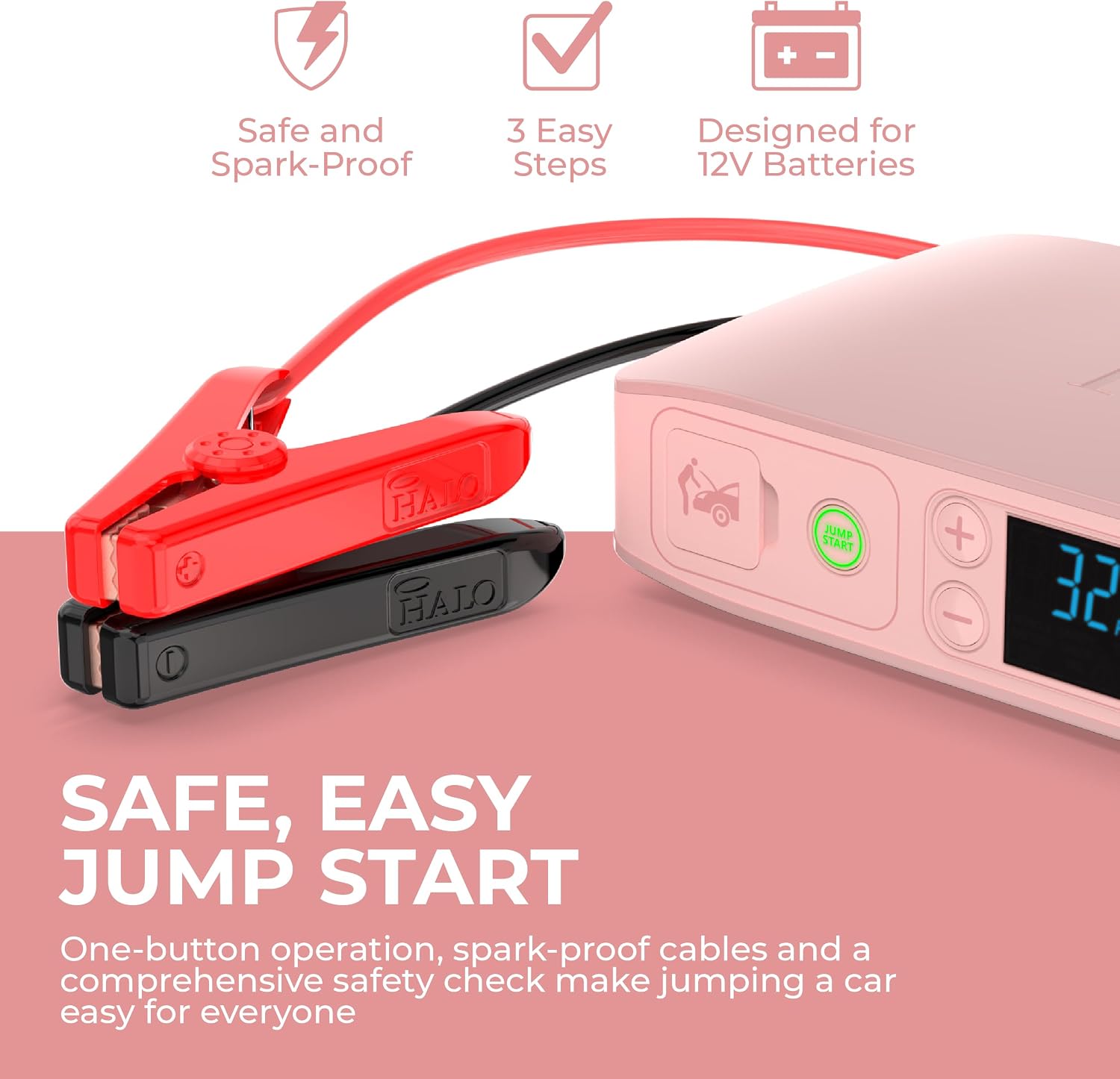 HALO Bolt Air+ 55500 Portable Car Battery Jump Starter | 100 PSI Air Compressor, 55.5Wh USB Power Bank, Emergency Floodlight & Charger, Jumps Cars SUVs & Trucks, Inflates Tires, TSA Approved — Rose