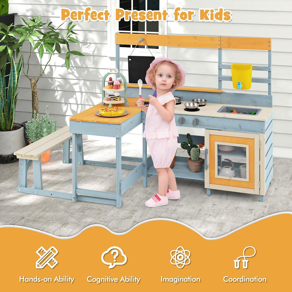 Costzon 2-in-1 Mud Kitchen & Kids Picnic Table, Fir Wood Kids Kitchen Playset with Seat, Wooden Tea Party Set, Cooking Accessories, Blackboard, Outdoor Play Kitchen, Gift for Girls Boys Ages 3+