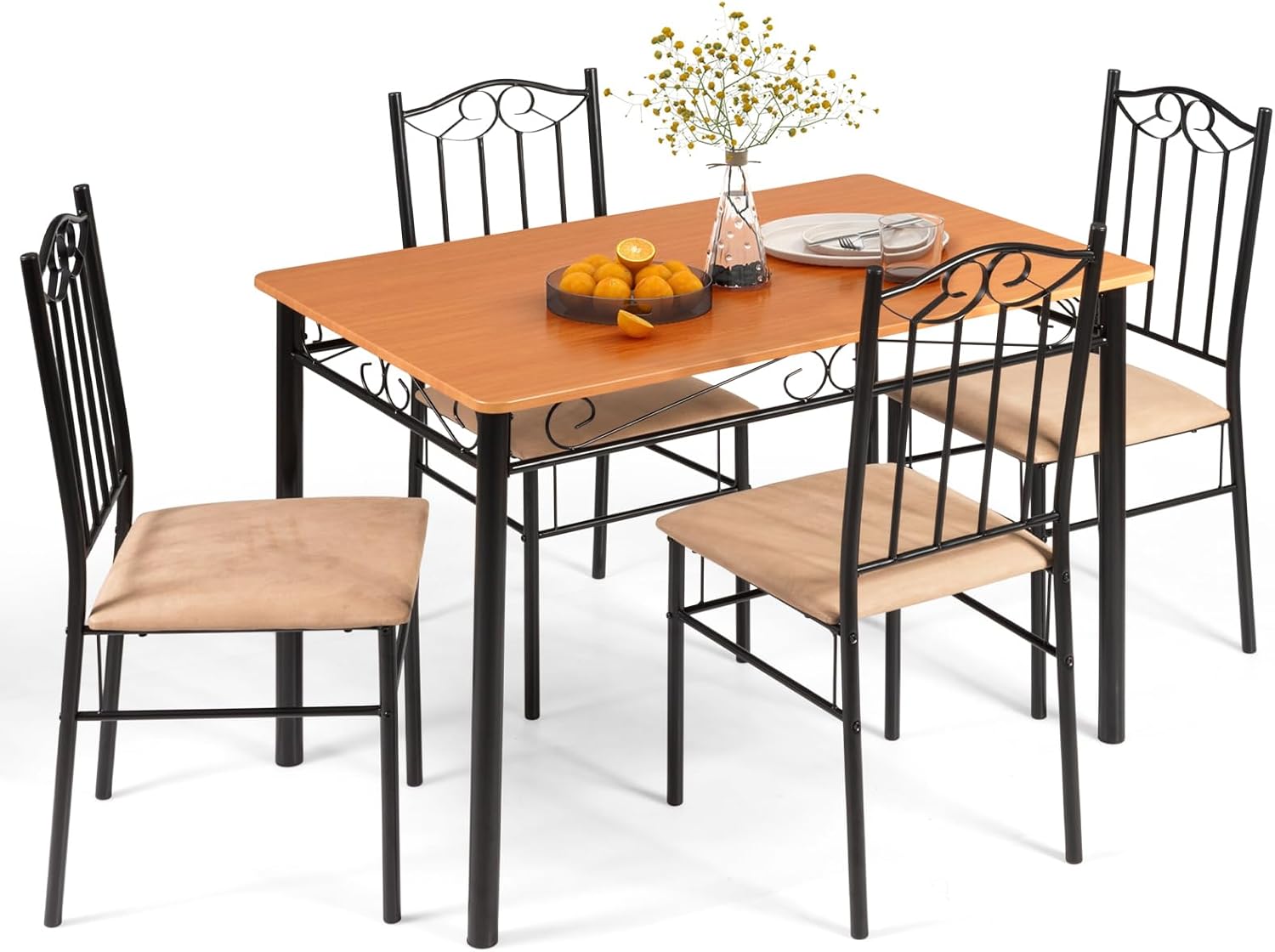 Giantex 5-Piece Dining Set for 4, Modern Wood Kitchen Table with Upholstered Chair, Space-Saving Dinner Table Set for Dinette, Restaurant, Living Dining Room Furniture