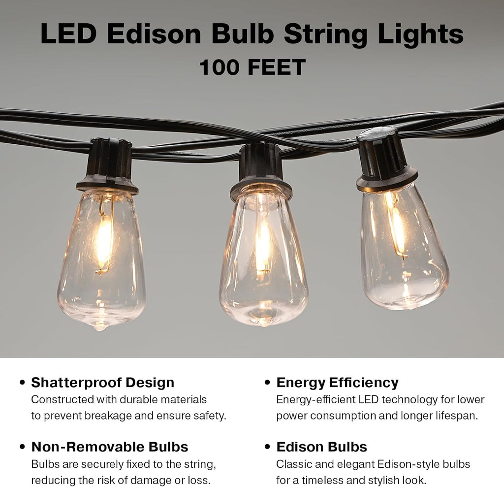 EXCELLO GLOBAL PRODUCTS Premium String Light Pole 4 Pack with 100' of LED Edison Bulb String Lights (Yard Mount)