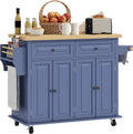 HOMCOM Kitchen Island Cart with Solid Wood Top, 44' Mobile Kitchen Island Table on Wheels with Storage Cabinets, 2 Drawers, Adjustable Shelves, Spice Rack & Towel Bar for Dining Room, Navy Blue