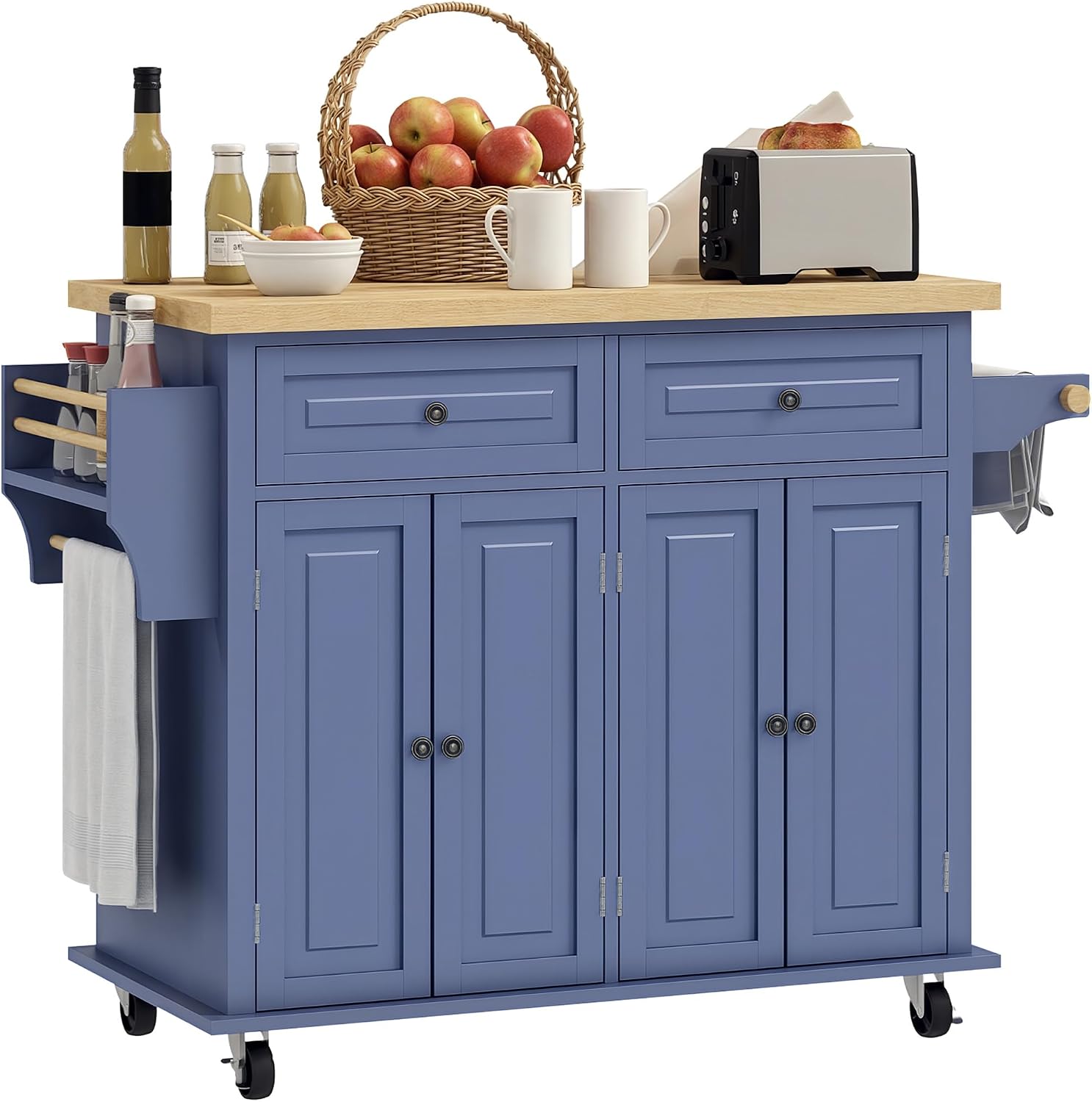 HOMCOM Kitchen Island Cart with Solid Wood Top, 44' Mobile Kitchen Island Table on Wheels with Storage Cabinets, 2 Drawers, Adjustable Shelves, Spice Rack & Towel Bar for Dining Room, Navy Blue
