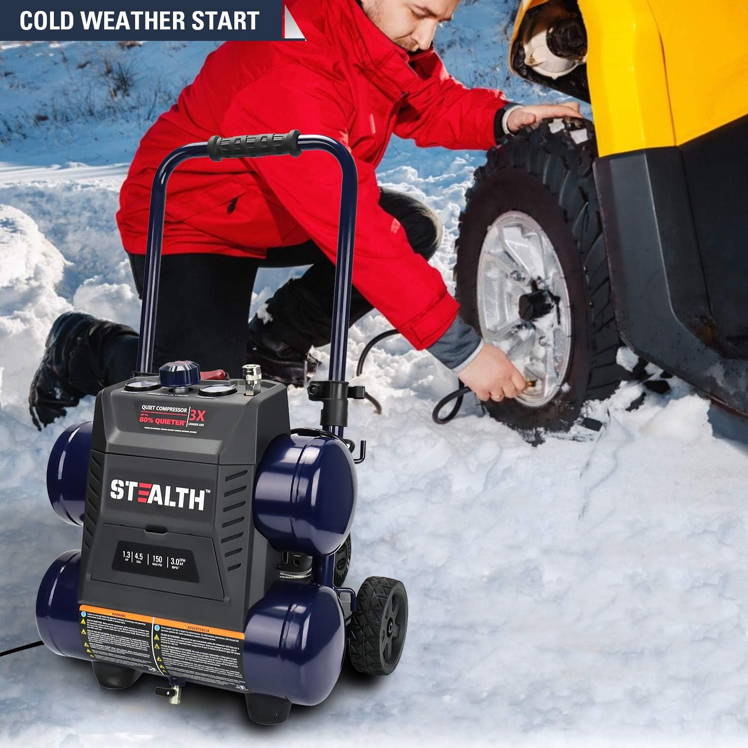 Stealth Quiet Air Compressor with Wheel, 64 Decibel 4.5 Gallon Peak 1.3 HP Max 150 PSI, Oil-Free Air Pump, 3 CFM @ 90 PSI Portable Air Compressor for Garage, Workshop, Jobsite SAQ-1413