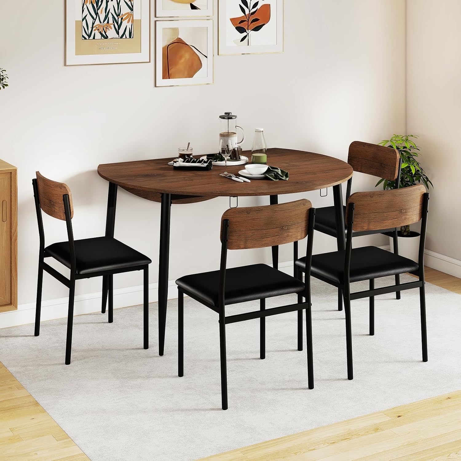 Giantex 5-Piece Dining Table Set for 4, 43.5' Round Kitchen Table and 4 Upholstered Dining Chairs with Drop Leaf Tabletop, Sturdy Metal Frame, Space Saving Farmhouse Dinette Set for Dinette Dinner