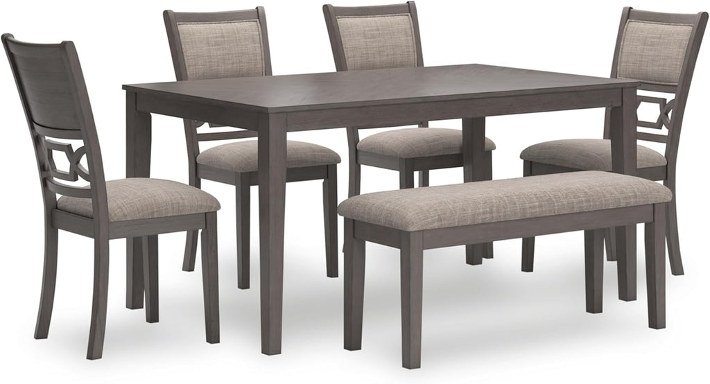 Signature Design by Ashley Wrenning Diamond Patterned Dining Table Set, 4 Upholstered Chairs and Bench, Seats 6, Wood, Gray