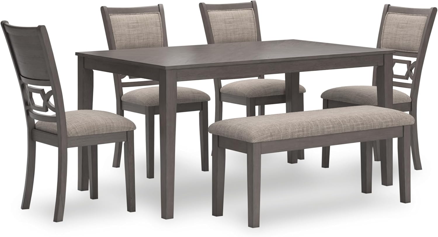 Signature Design by Ashley Wrenning Diamond Patterned Dining Table Set, 4 Upholstered Chairs and Bench, Seats 6, Wood, Gray