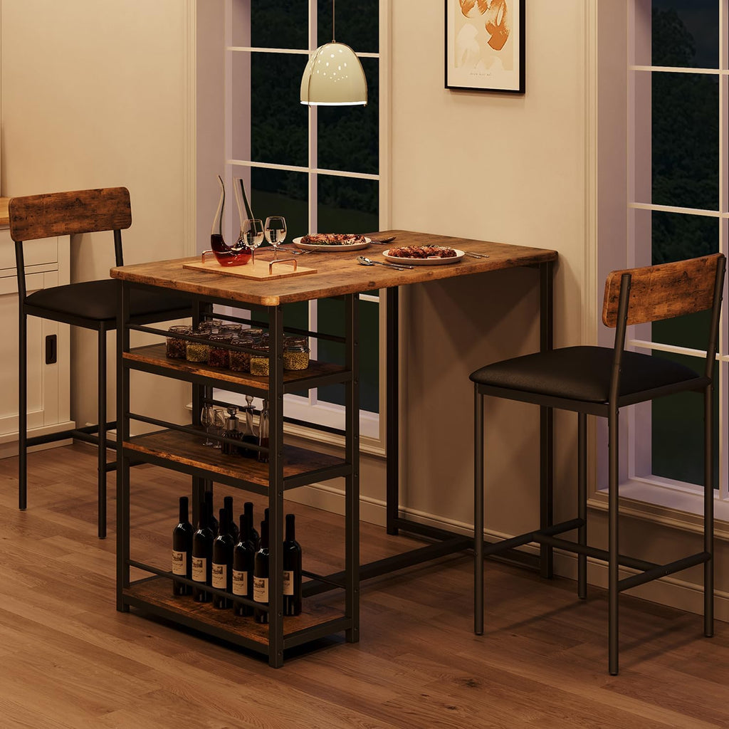 GarveeHome Dining Table Set for 2, Counter Height Kitchen Table with 2 Upholstered Bar Stools, Dining Table and Chairs Set with Storage Shelves, for Small Space, Apartment, Studio, Retro Brown