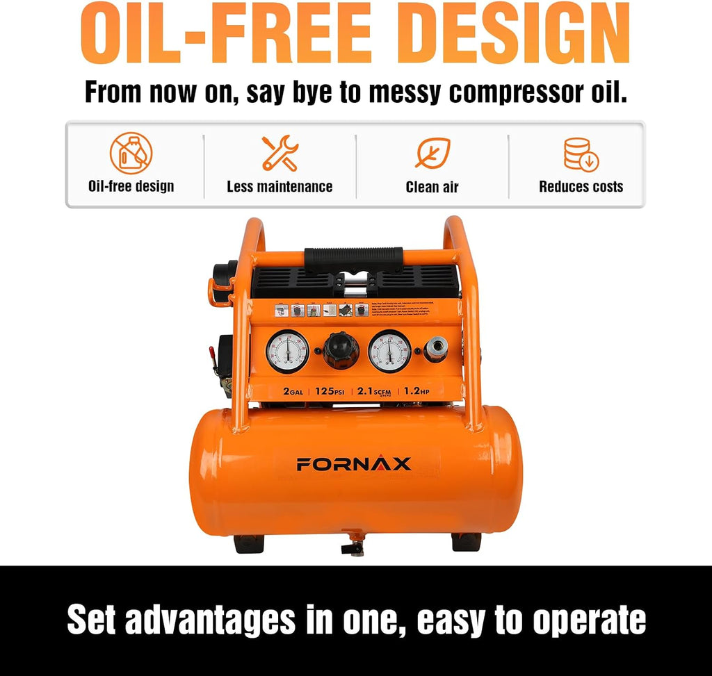 FORNAX Air Compressor Portable 2 Gallon, 1.2 HP 2.1 SCFM@ 90 PSI Oil Free, Max Pressure 135 PSI, 65 dB Silent Air Compressor for Auto Repair, Tire Inflation, Airbrushing, Nailing
