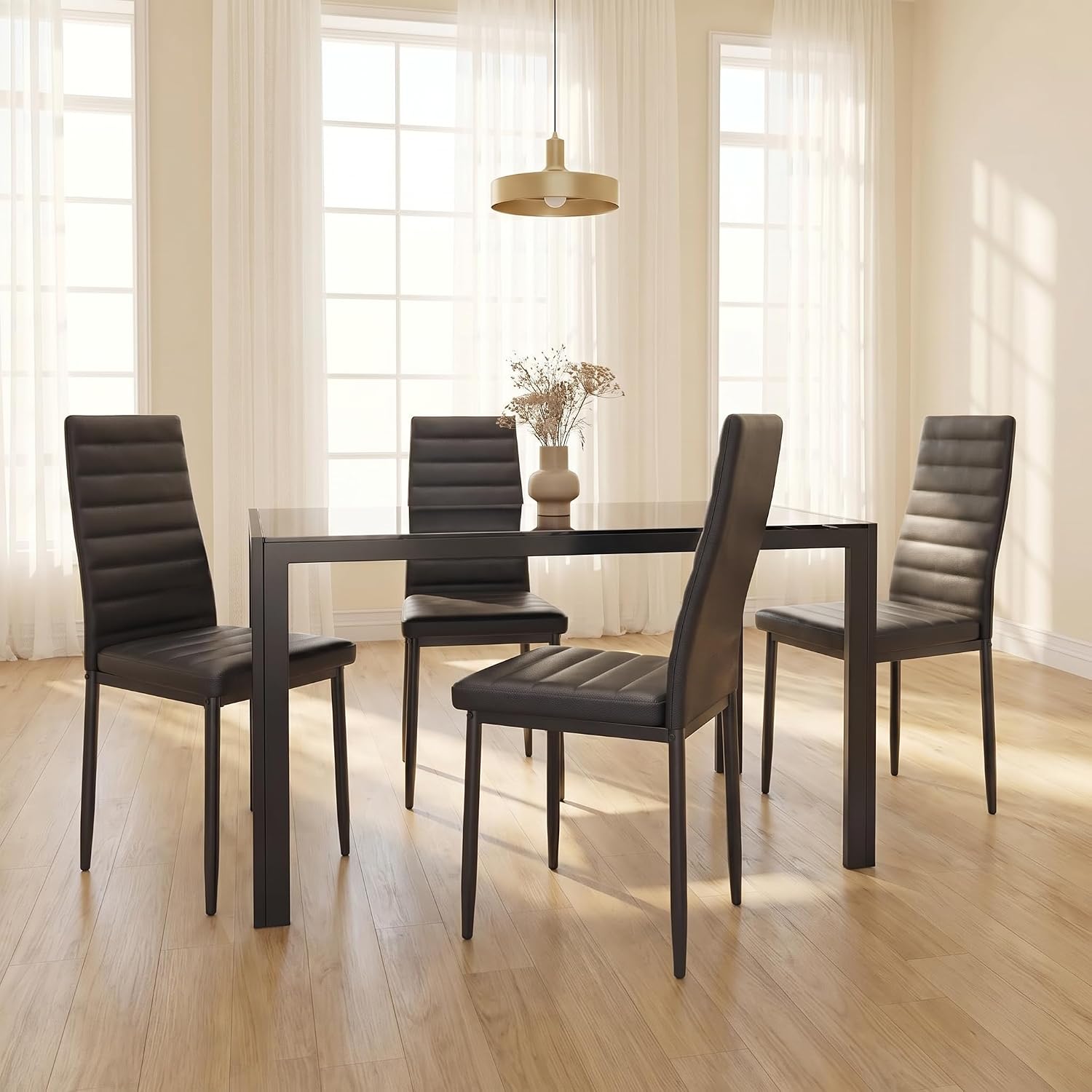 Gizoon 5 Piece Glass Dining Table Set, Kitchen and Chairs for 4, PU Leather Modern Room Sets for Home, Kitchen, Living Room