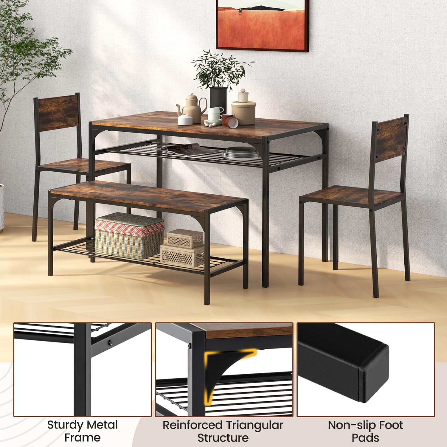 COSTWAY 4 Pieces Dining Table Set, Kitchen Table and 2 Chairs for 4 with Bench, Storage Racks, Metal Frame & Space-saving Design, Industrial Kitchen Table Set for Small Space, Apartment (Rustic Brown)