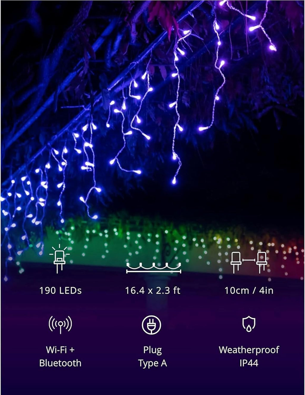 Twinkly Icicle App-Controlled LED Christmas Lights with 190 RGB (16 Million Colors) LEDs. Clear Wire. Indoor and Outdoor Smart Lighting Decoration