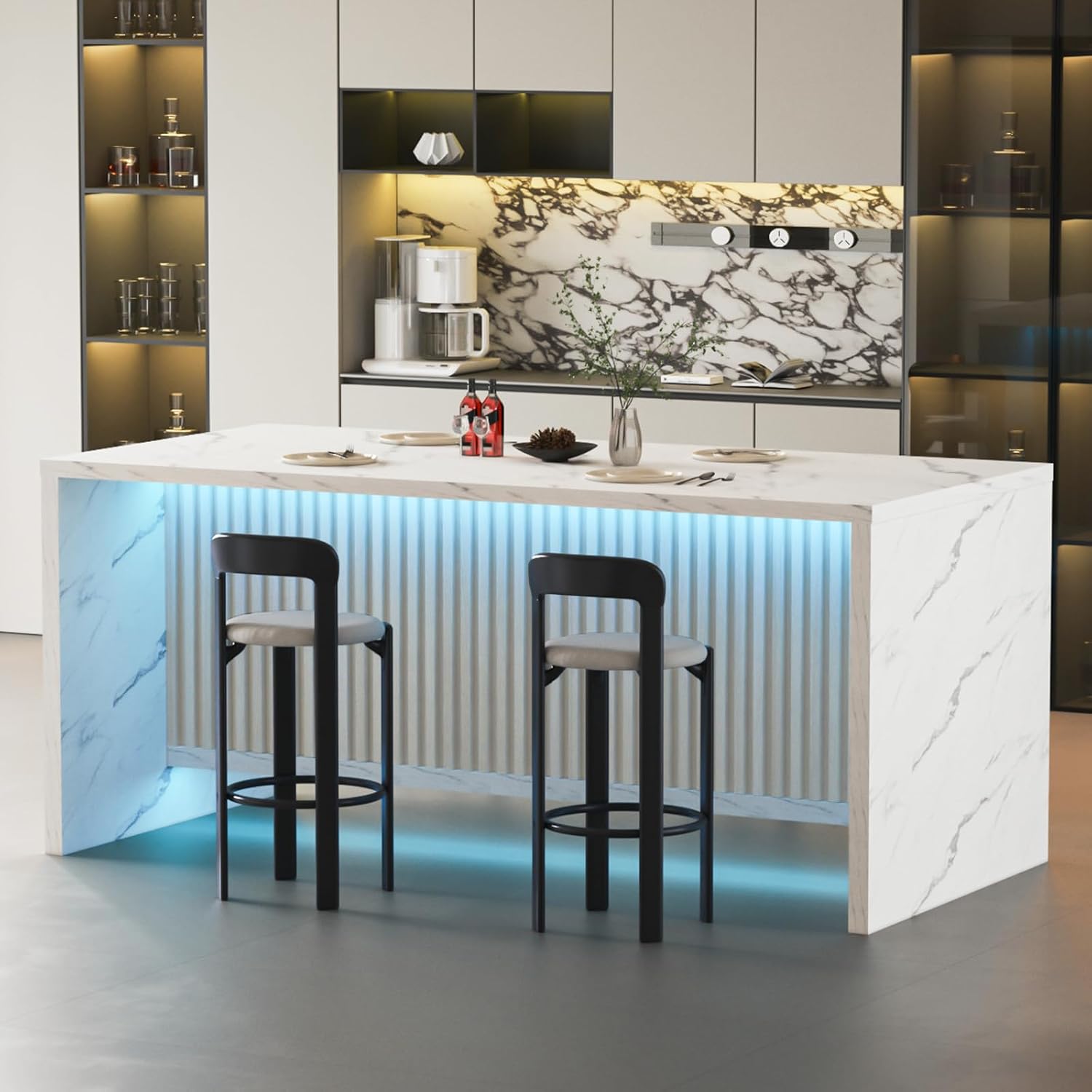 71'' Large Faux Marble Dining Table for 6 People, 37.4''H Tall Modern Kitchen Island with LED Lights, Rectangle Kitchen Dining Table for Home