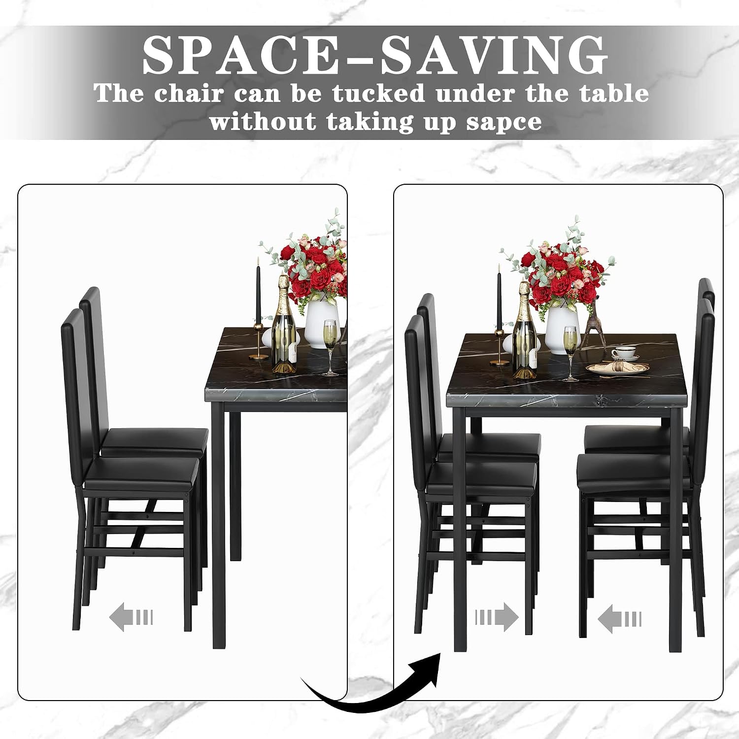 Hooseng Dining Table Set for 4, Modern Faux Marble Kitchen Table with 4 PU Leather Chairs, 5 Piece Dining Room Sets for Dinette, Breakfast Nook, Black