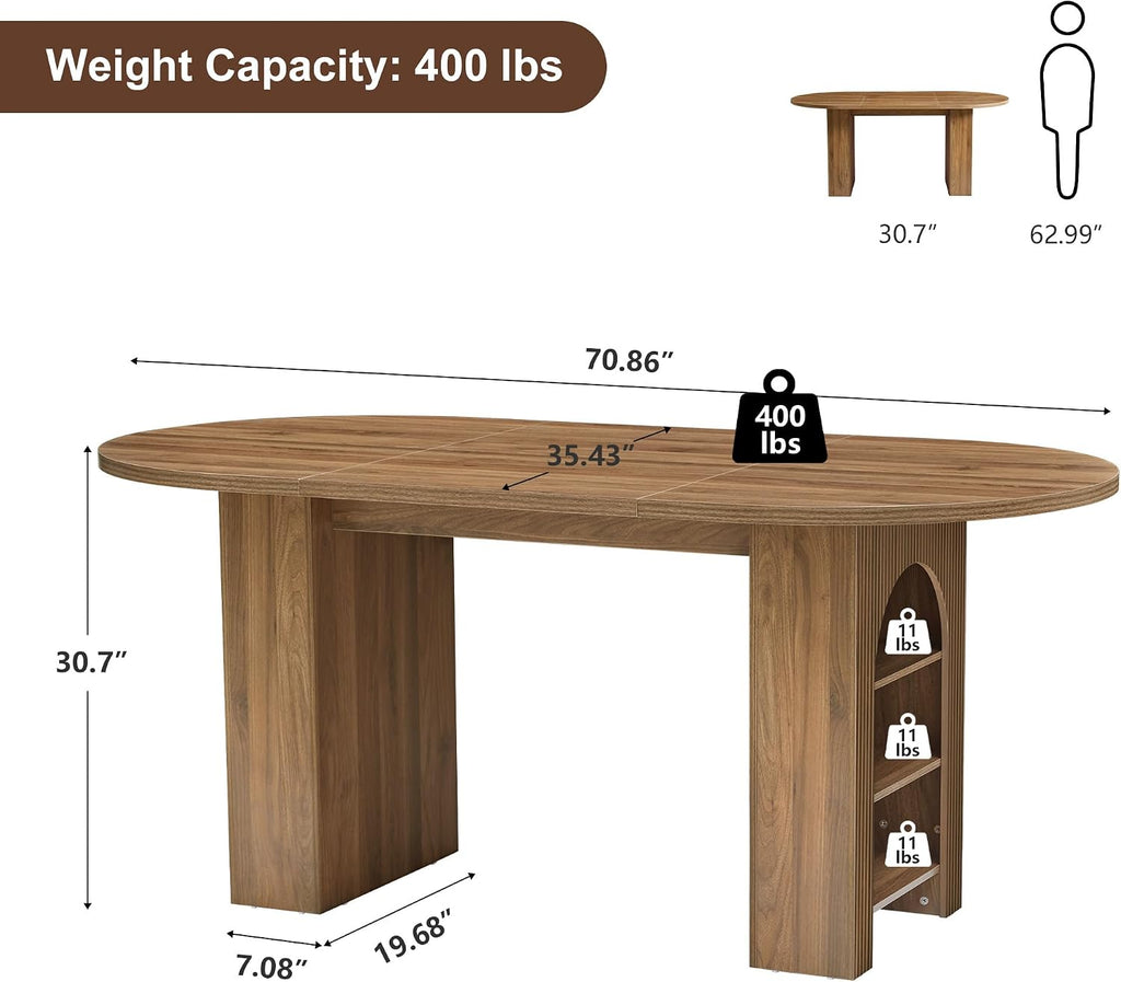 weselon 70.8' Oval Dining Table with Dual Side Storage Shelves, Rustic Farmhouse Table for 4–6 People, Modern Wooden Round Dinner Table for Kitchen, Reception, or Living Room (Walnut, Table Only)