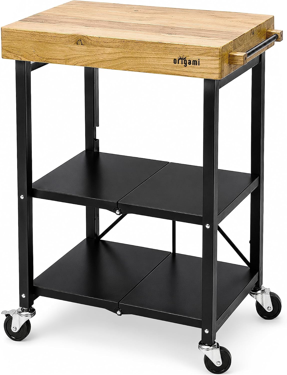 Origami Folding Kitchen Cart on Wheels | for Chefs Outdoor Coffee Wine and Food, Microwave Cart, Kitchen Island on Wheels, Rolling Cart, Kitchen Appliance & Utility Cart | Black with Wood