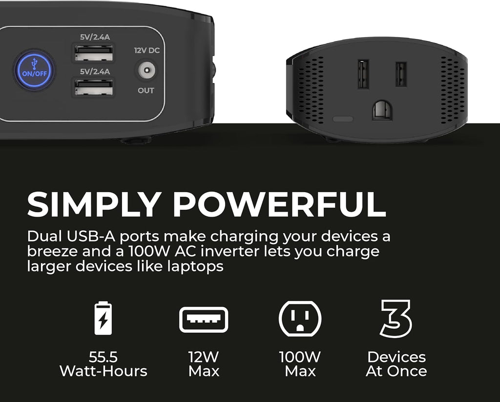 HALO Bolt Air+ AC 55500 Portable Car Battery Jump Starter | 100 PSI Air Compressor, 55.5Wh USB Power Bank with AC Outlet, Emergency Floodlight & Charger, Jump Cars SUVs & Trucks, Inflate Tires — Black