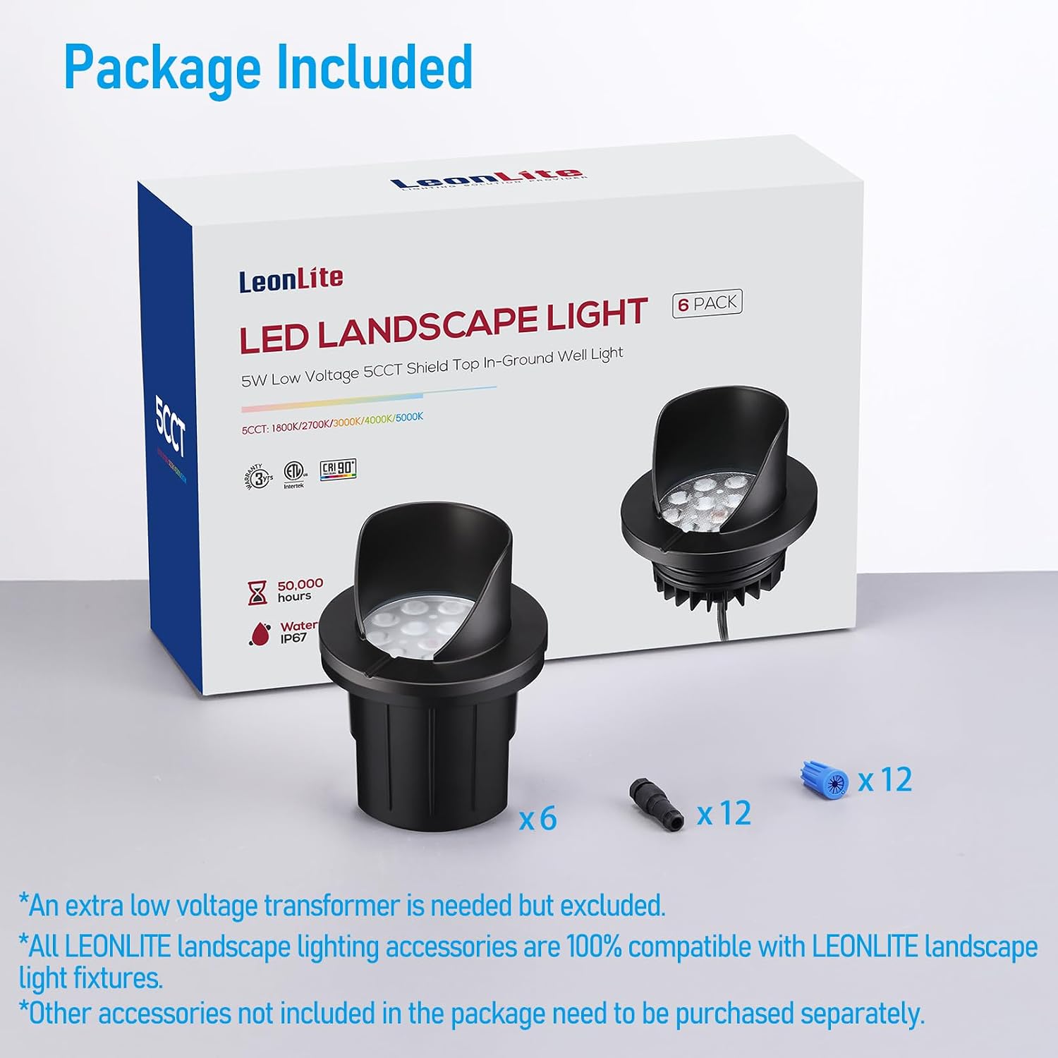 LEONLITE Dia. 4 Inch 5CCT Well Lights Landscape LED In Ground, Shielded Top, 5 Color Temperature Selectable, 12-24V AC/DC CRI90 Low Voltage Garden Landscaping, Black Aluminum Housing, Pack of 6