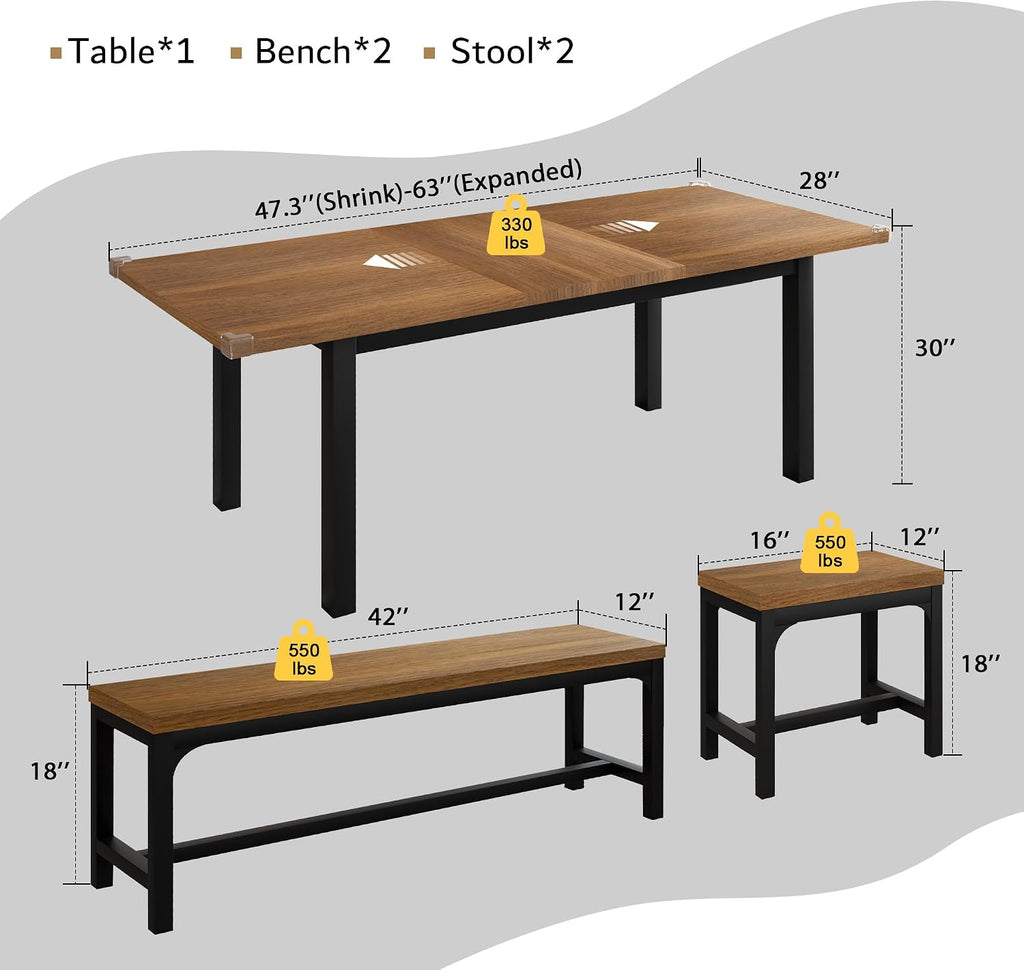 iPormis 5-Piece Dining Table Set for 4-8 People, Extendable Kitchen Table Set with 2 Benches and 2 Square Stools, Mid-Century Dining Room Table with Metal Frame & MDF Board, Saving Space, Walnut