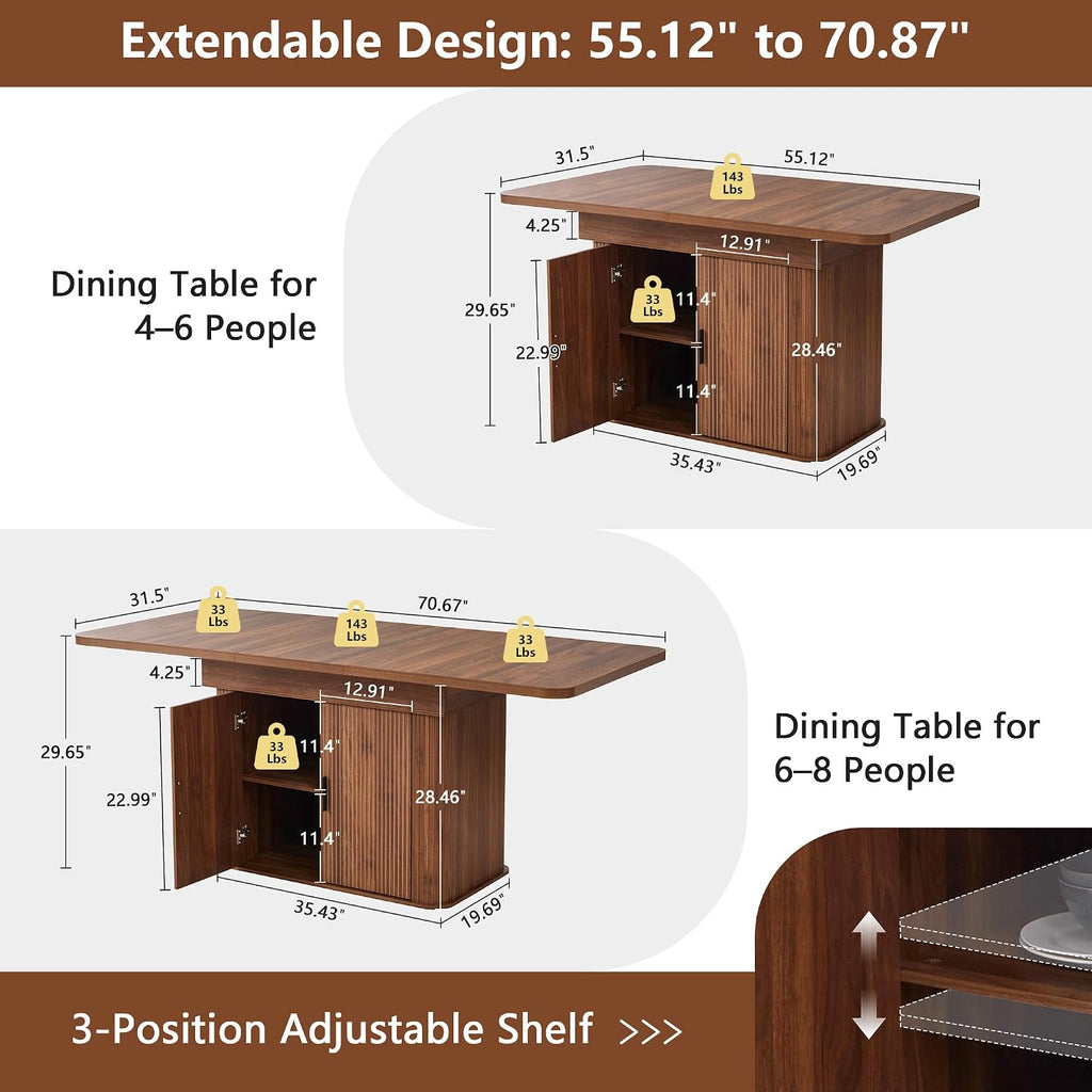 weselon 55'-71' Extendable Dining Table with Storage, Expandable Kitchen Table for 4-6, Space Saving Dining Room Table with Hidden Storage Cabinet, Adjustable Shelves & Fluted Base (Walnut)